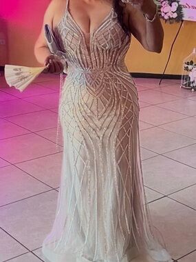 Cinderella Divine Crystals Silver/Nude Beaded Prom Gown with Spaghetti Straps